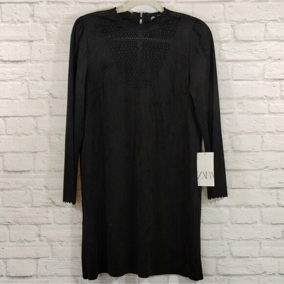 O Zara Womens Black Faux Suede Laser Cute Long Sleeve Mini Dress NWT Size S - Picture 6 of 13